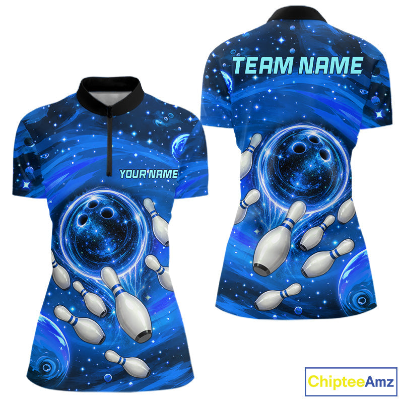 Bowling Polo 1/4-Zip Shirts Custom Blue Abstract Bowling Team Jerseys, Bowling Gifts