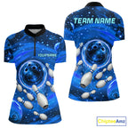 Bowling Polo 1/4-Zip Shirts Custom Blue Abstract Bowling Team Jerseys, Bowling Gifts