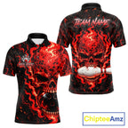 Custom Red Fire Skull Bowling Polo Quarter-Zip Personalized Flaming Skull Bowling Jersey