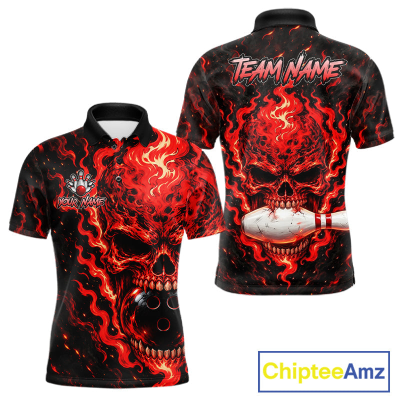 Custom Red Fire Skull Bowling Polo Quarter-Zip Personalized Flaming Skull Bowling Jersey