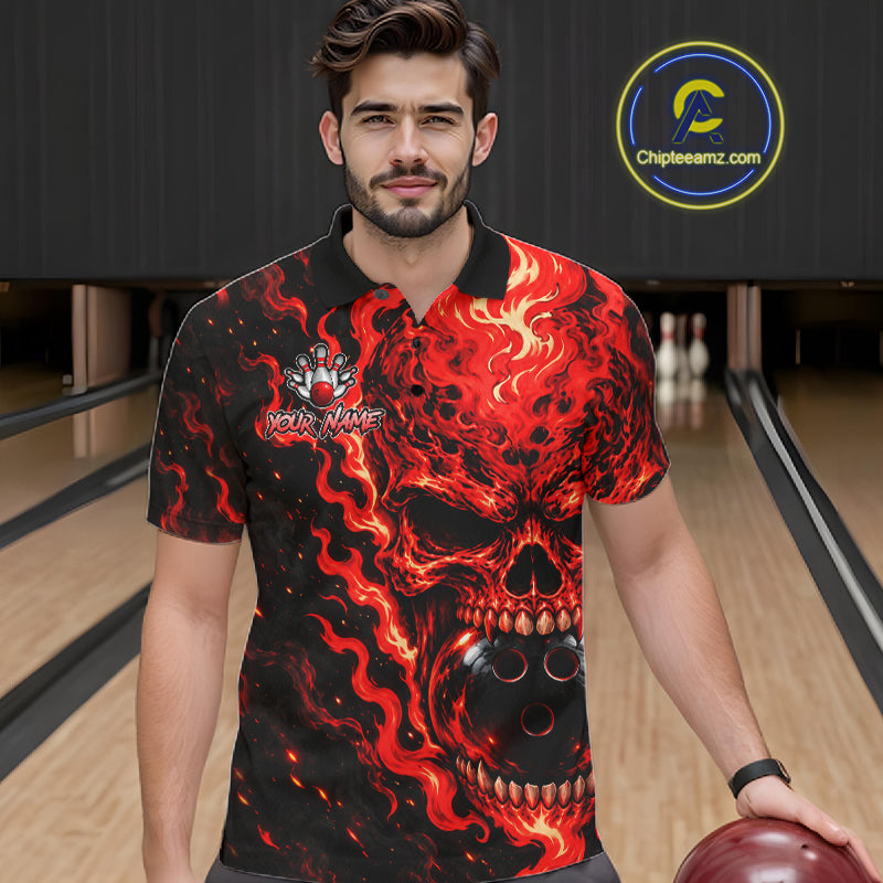 Custom Red Fire Skull Bowling Polo Quarter-Zip Personalized Flaming Skull Bowling Jersey