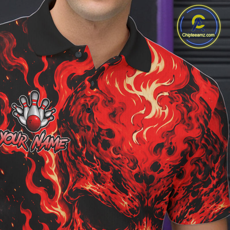 Custom Red Fire Skull Bowling Polo Quarter-Zip Personalized Flaming Skull Bowling Jersey