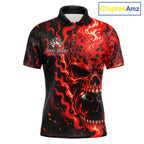 Custom Red Fire Skull Bowling Polo Quarter-Zip Personalized Flaming Skull Bowling Jersey