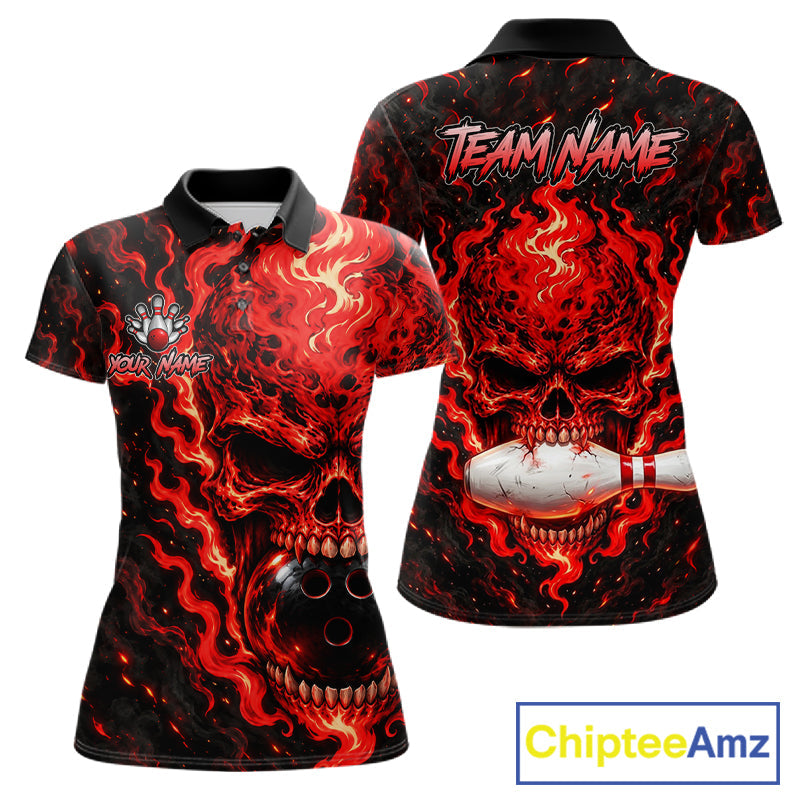 Custom Red Fire Skull Bowling Polo Quarter-Zip Personalized Flaming Skull Bowling Jersey