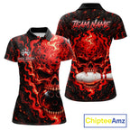 Custom Red Fire Skull Bowling Polo Quarter-Zip Personalized Flaming Skull Bowling Jersey
