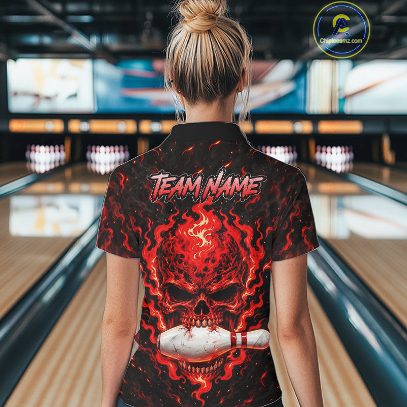 Custom Red Fire Skull Bowling Polo Quarter-Zip Personalized Flaming Skull Bowling Jersey