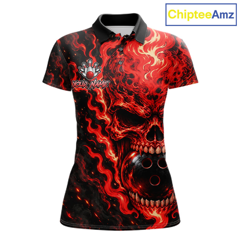 Custom Red Fire Skull Bowling Polo Quarter-Zip Personalized Flaming Skull Bowling Jersey