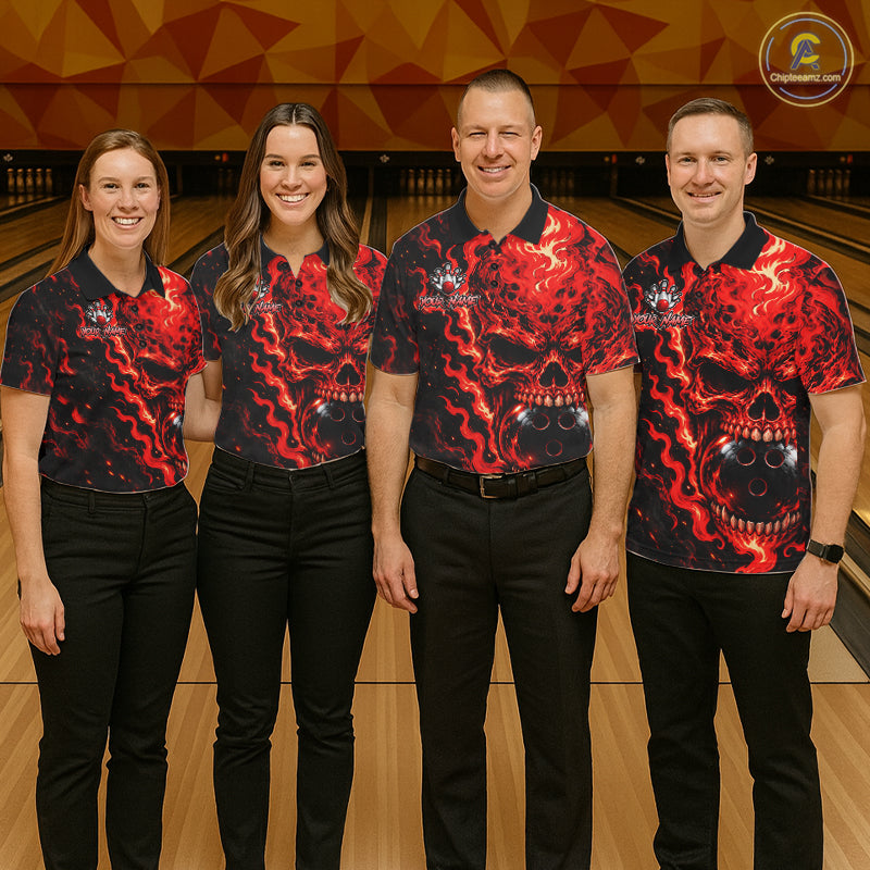 Custom Red Fire Skull Bowling Polo Quarter-Zip Personalized Flaming Skull Bowling Jersey