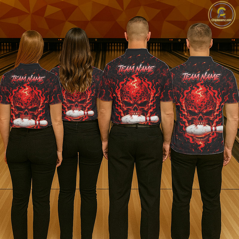Custom Red Fire Skull Bowling Polo Quarter-Zip Personalized Flaming Skull Bowling Jersey