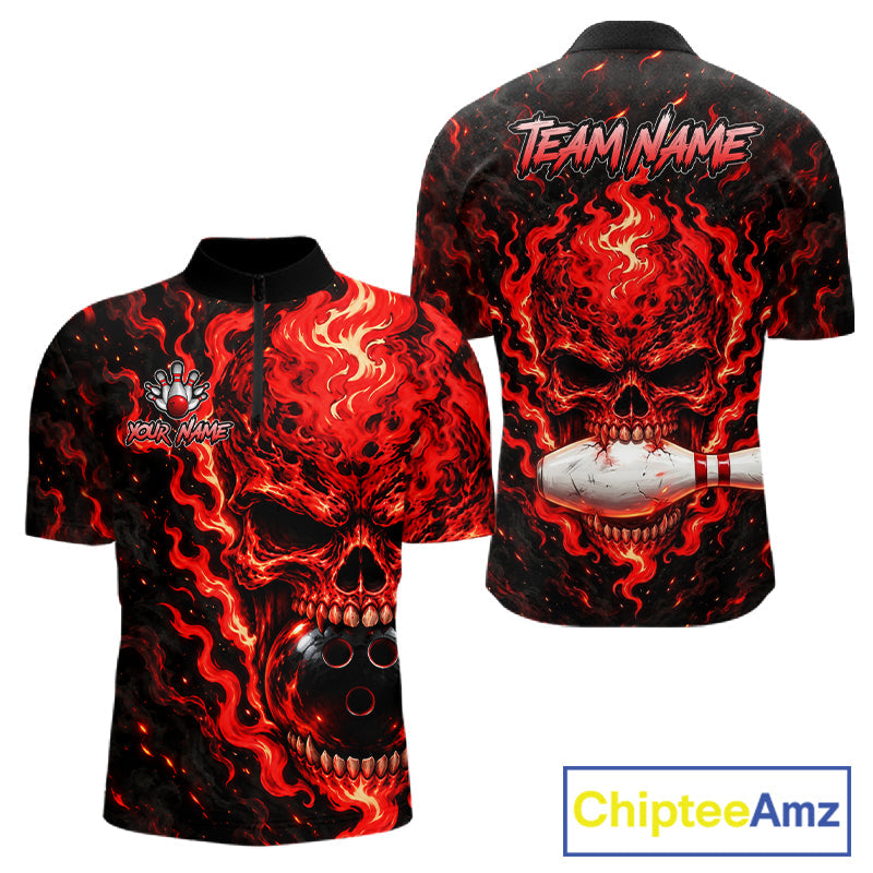 Custom Red Fire Skull Bowling Polo Quarter-Zip Personalized Flaming Skull Bowling Jersey