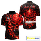 Custom Red Fire Skull Bowling Polo Quarter-Zip Personalized Flaming Skull Bowling Jersey