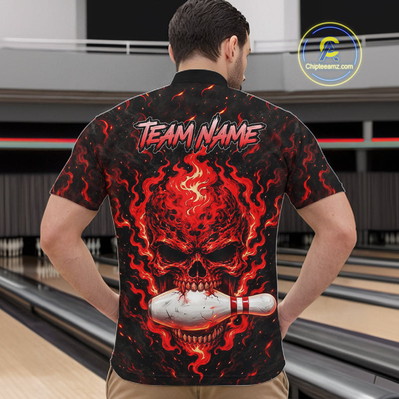 Custom Red Fire Skull Bowling Polo Quarter-Zip Personalized Flaming Skull Bowling Jersey