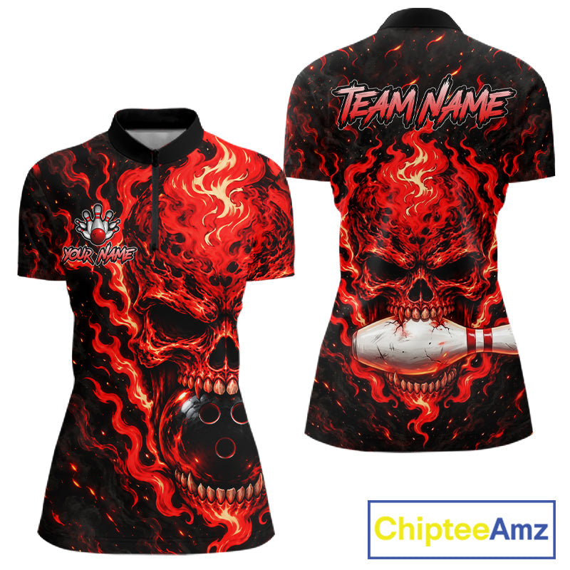 Custom Red Fire Skull Bowling Polo Quarter-Zip Personalized Flaming Skull Bowling Jersey
