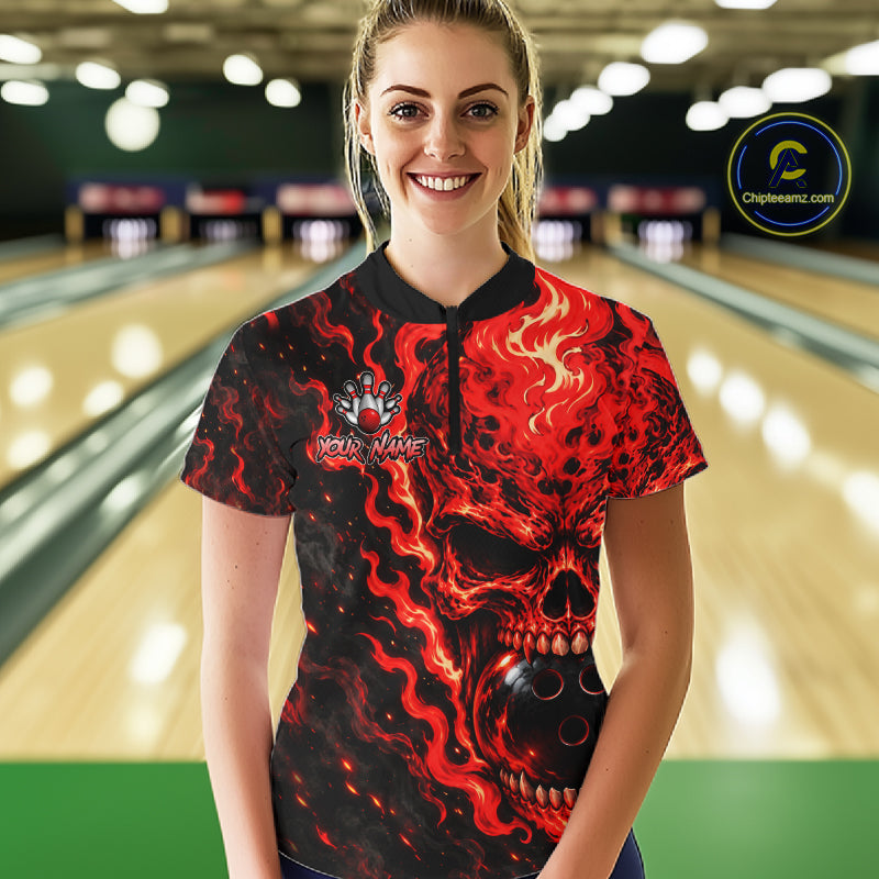 Custom Red Fire Skull Bowling Polo Quarter-Zip Personalized Flaming Skull Bowling Jersey