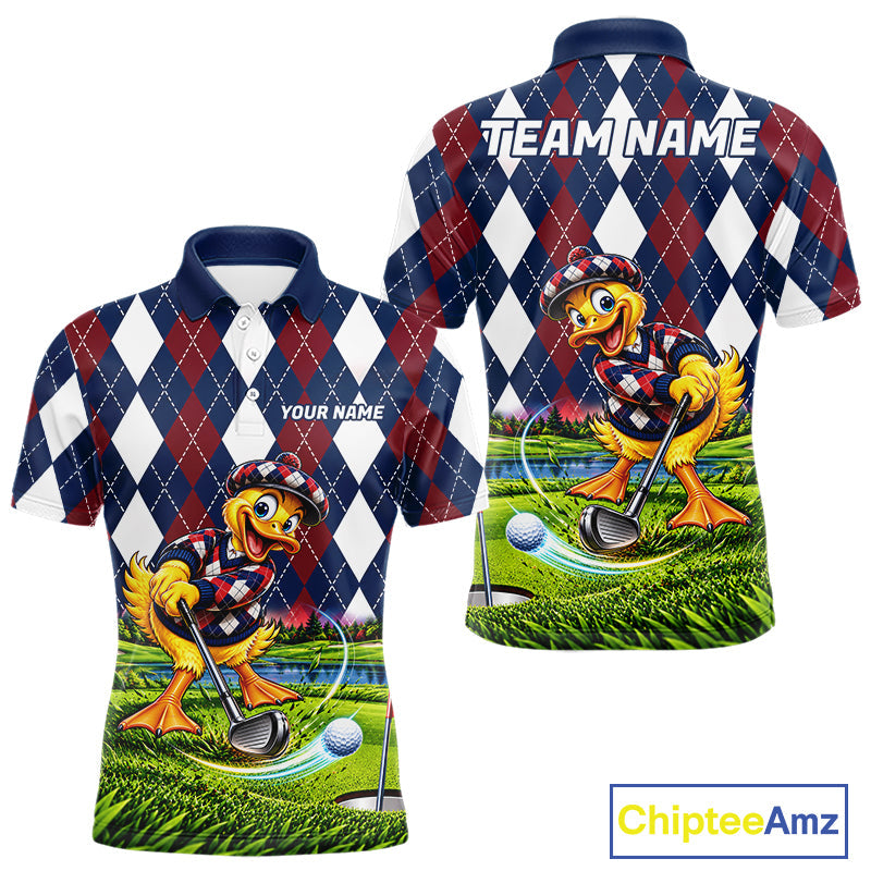 Custom Argyle Duck Golf Polo Shirt Funny Duck Golfer Maroon Navy Argyle Golf Jersey Golf Gift