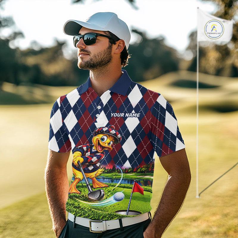Custom Argyle Duck Golf Polo Shirt Funny Duck Golfer Maroon Navy Argyle Golf Jersey Golf Gift