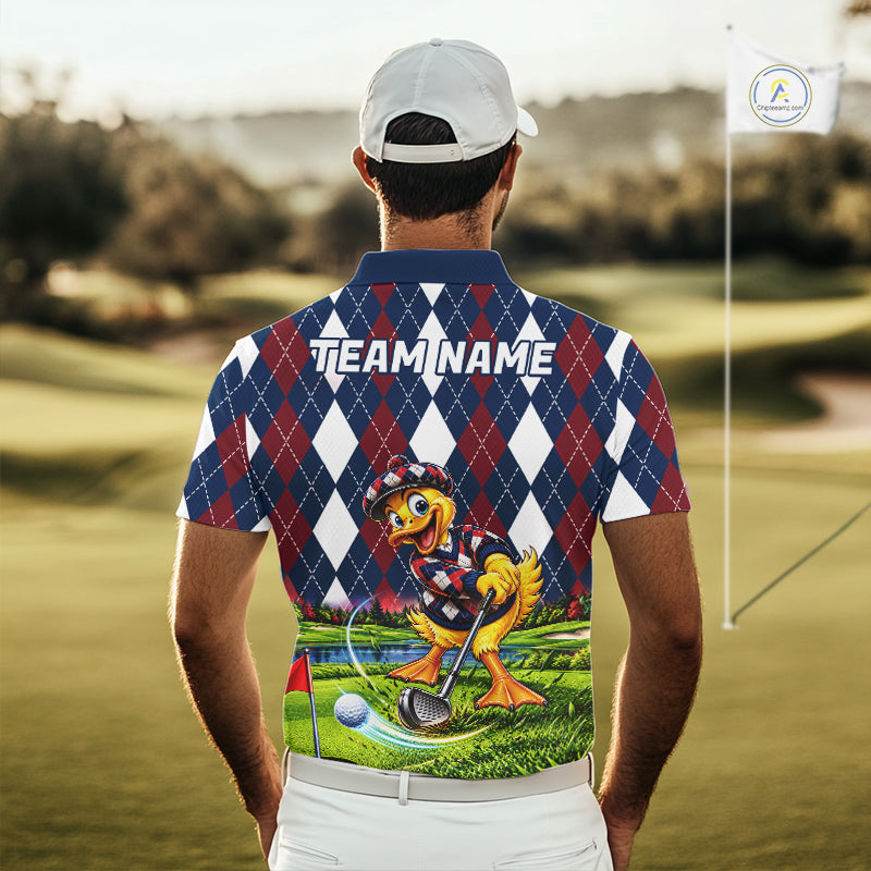 Custom Argyle Duck Golf Polo Shirt Funny Duck Golfer Maroon Navy Argyle Golf Jersey Golf Gift