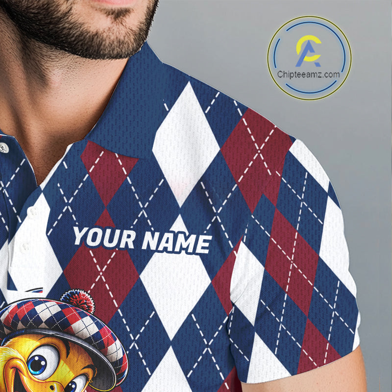 Custom Argyle Duck Golf Polo Shirt Funny Duck Golfer Maroon Navy Argyle Golf Jersey Golf Gift