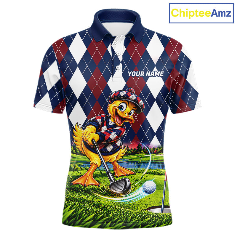 Custom Argyle Duck Golf Polo Shirt Funny Duck Golfer Maroon Navy Argyle Golf Jersey Golf Gift
