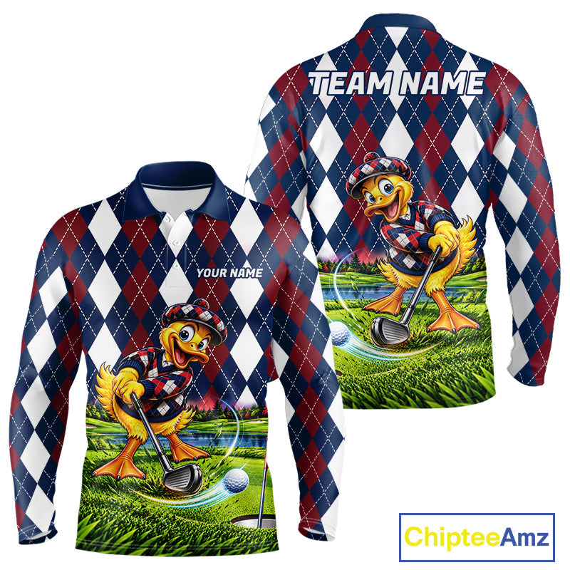 Custom Argyle Duck Golf Polo Shirt Funny Duck Golfer Maroon Navy Argyle Golf Jersey Golf Gift