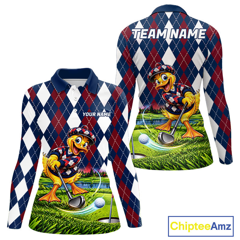 Custom Argyle Duck Golf Polo Shirt Funny Duck Golfer Maroon Navy Argyle Golf Jersey Golf Gift