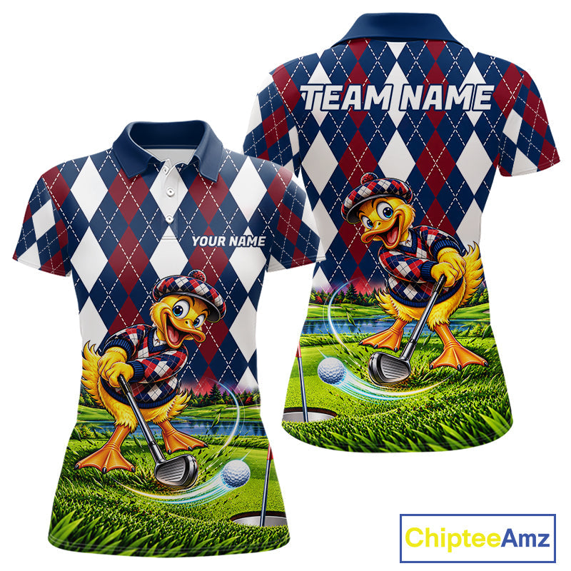 Custom Argyle Duck Golf Polo Shirt Funny Duck Golfer Maroon Navy Argyle Golf Jersey Golf Gift