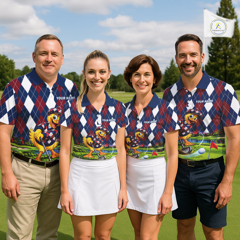 Custom Argyle Duck Golf Polo Shirt Funny Duck Golfer Maroon Navy Argyle Golf Jersey Golf Gift