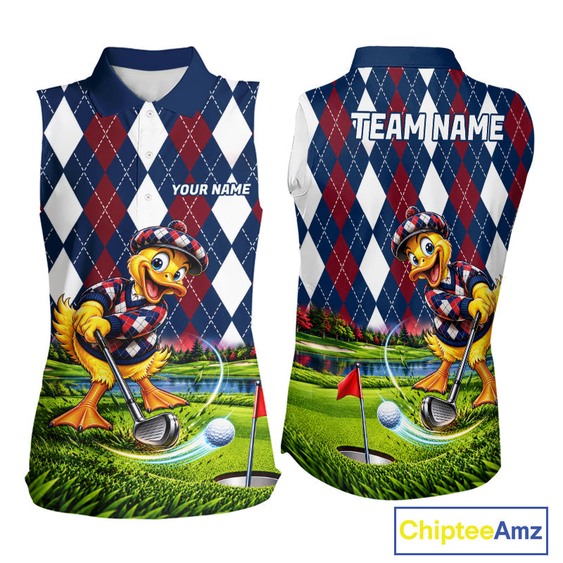 Custom Argyle Duck Golf Sleeveless Polo Shirt Funny Duck Golfer Maroon Navy Argyle Golf Jersey Golf Gift