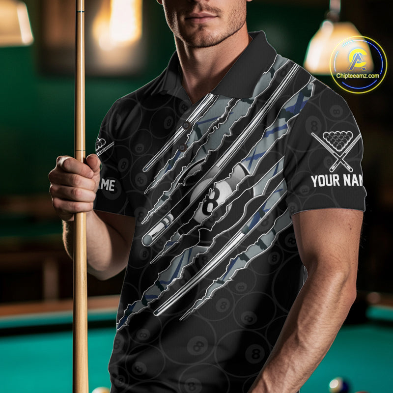 Custom Blue Scratch Pattern Billiard 8 Ball Pool Shirt Billiard Team Polo Quarter-Zip Jersey