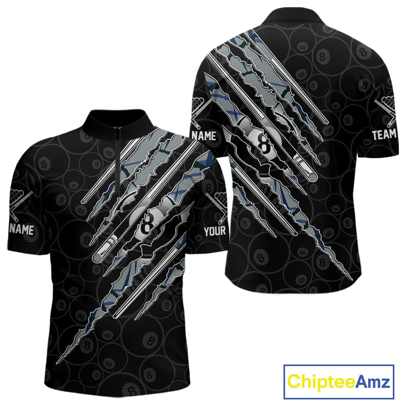 Custom Blue Scratch Pattern Billiard 8 Ball Pool Shirt Billiard Team Polo Quarter-Zip Jersey