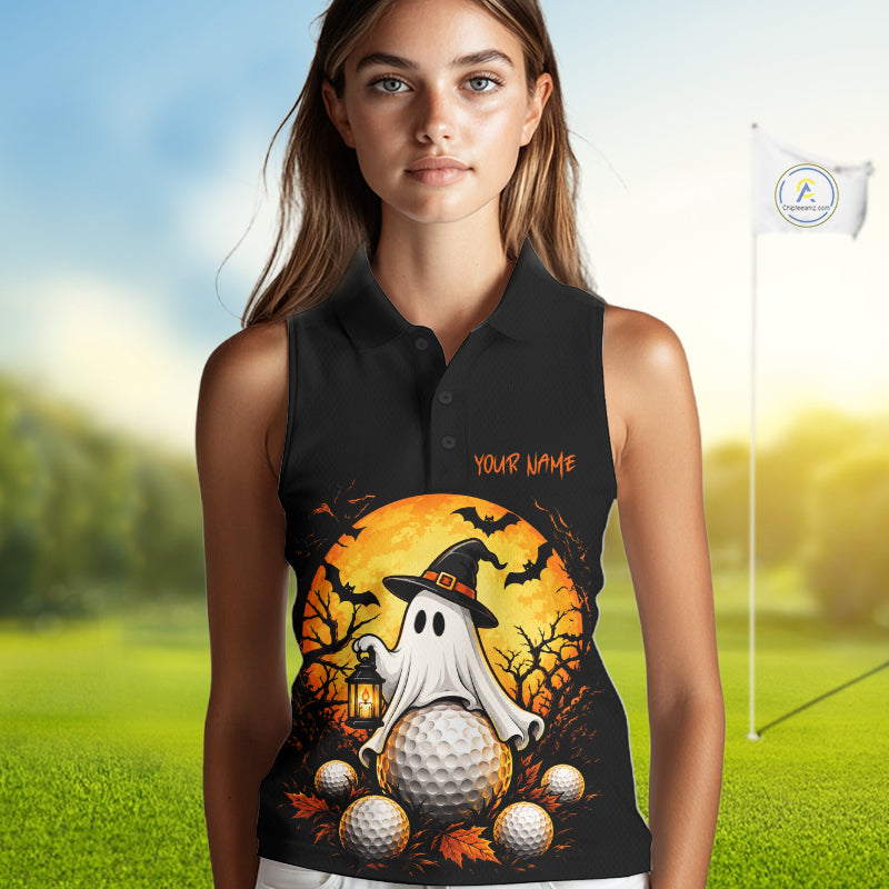 Custom Halloween Golf Sleeveless Polo Shirt Personalized Spooky Ghost Golfer Halloween Golf Jersey