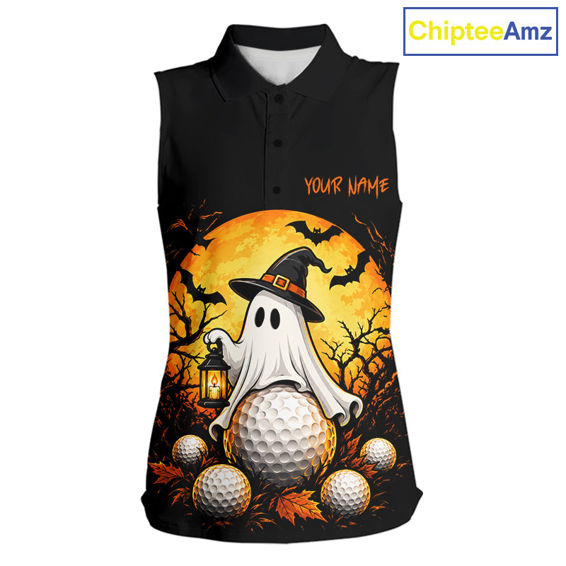 Custom Halloween Golf Sleeveless Polo Shirt Personalized Spooky Ghost Golfer Halloween Golf Jersey
