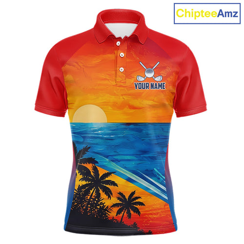 Palm Trees And Ocean Golf Polo Shirts Custom US Flag Golf Attire, Summer Team Golf Gifts