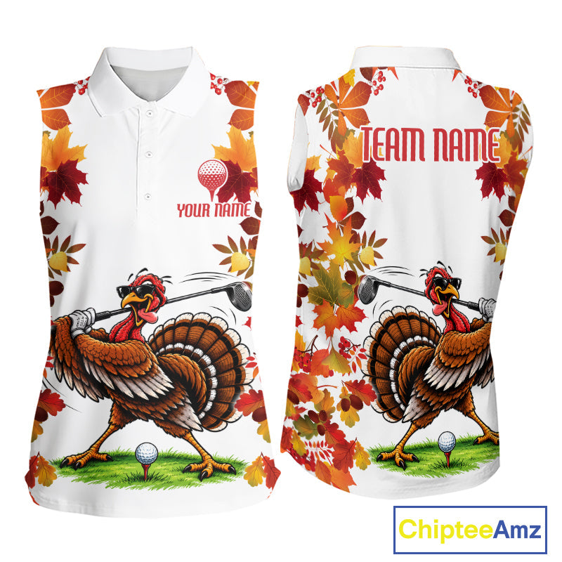 Funny Turkey Golf Sleeveless Polo Shirts Custom Thanksgiving Golf Outfits, Unique Golf Gifts