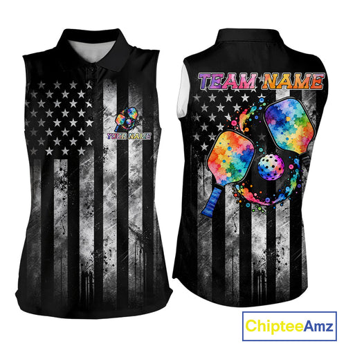Patriotic Pickleball Sleeveless Polo Shirt Custom US Flag Team Jersey Colorful Watercolor Pickleball Jersey