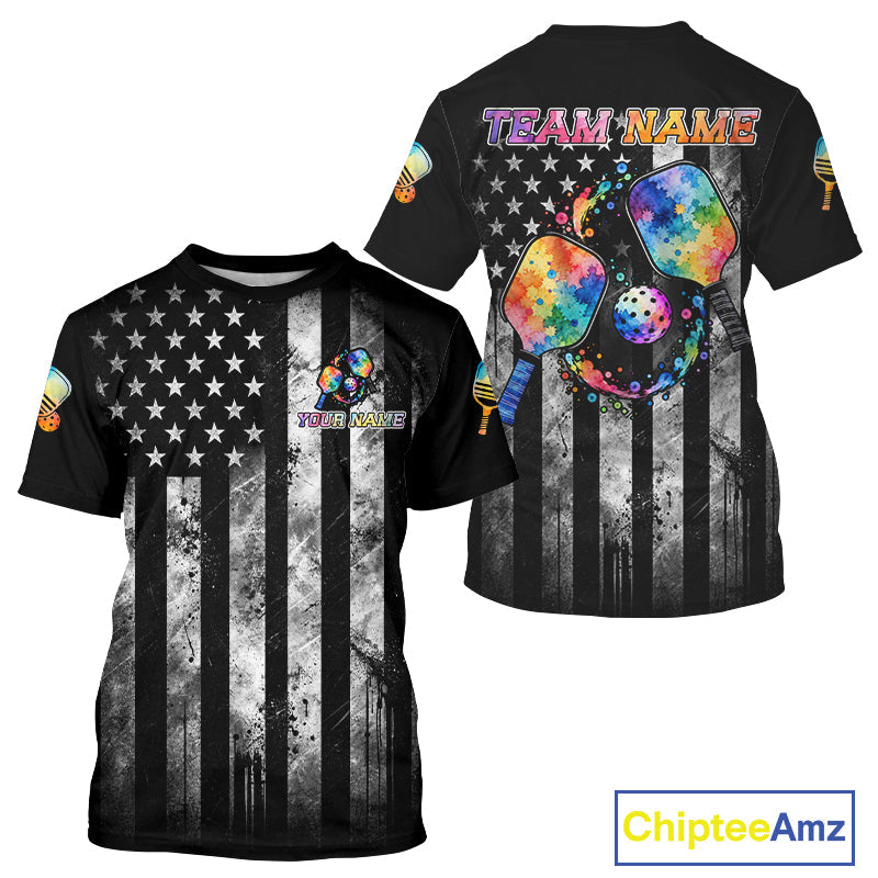 Patriotic Pickleball Shirt Custom US Flag Team Jersey Colorful Watercolor Pickleball Paddle Jersey