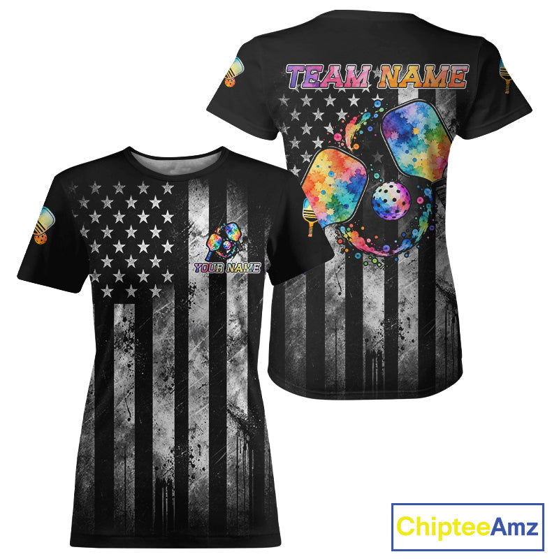 Patriotic Pickleball Shirt Custom US Flag Team Jersey Colorful Watercolor Pickleball Paddle Jersey
