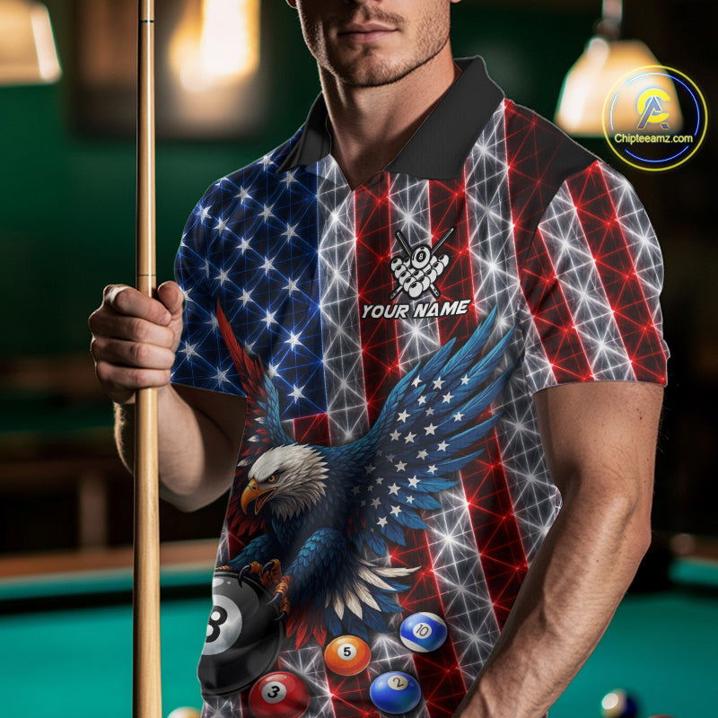 Lightning Thunder US Flag Billiard Polo Shirts Custom Eagle 8 Ball Billiard Team Apparel
