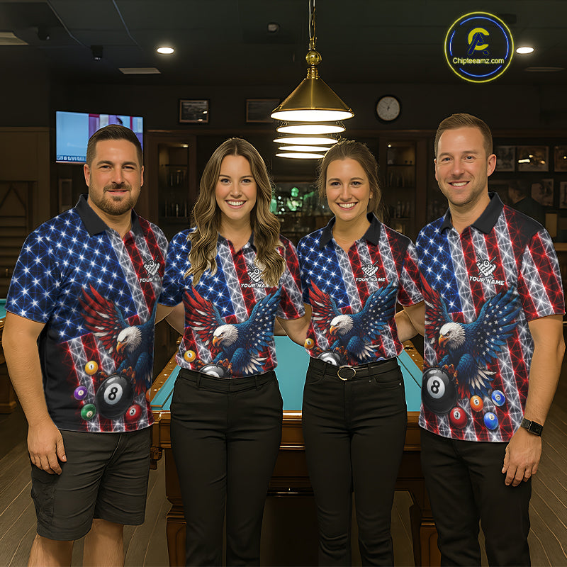 Lightning Thunder US Flag Billiard Polo Shirts Custom Eagle 8 Ball Billiard Team Apparel