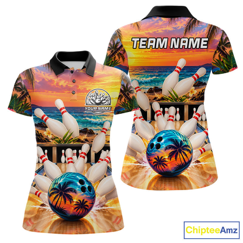 Sunset Beach Bowling Polo Quarter Zip Shirts Custom Bowling Team Jerseys