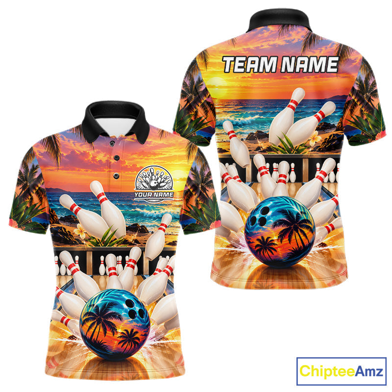Sunset Beach Bowling Polo Quarter Zip Shirts Custom Bowling Team Jerseys