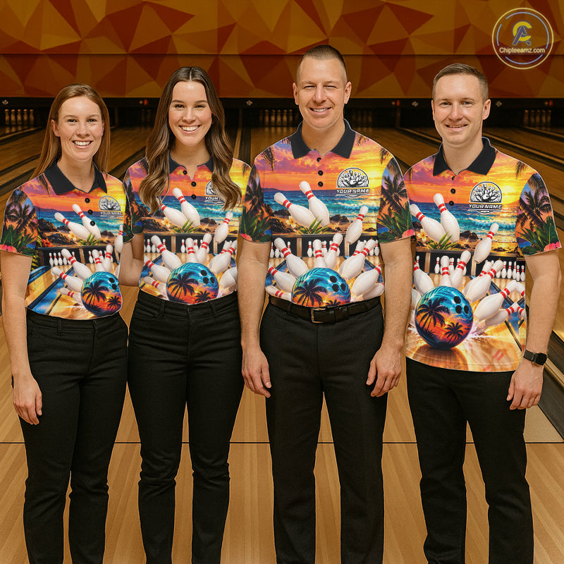 Sunset Beach Bowling Polo Quarter Zip Shirts Custom Bowling Team Jerseys