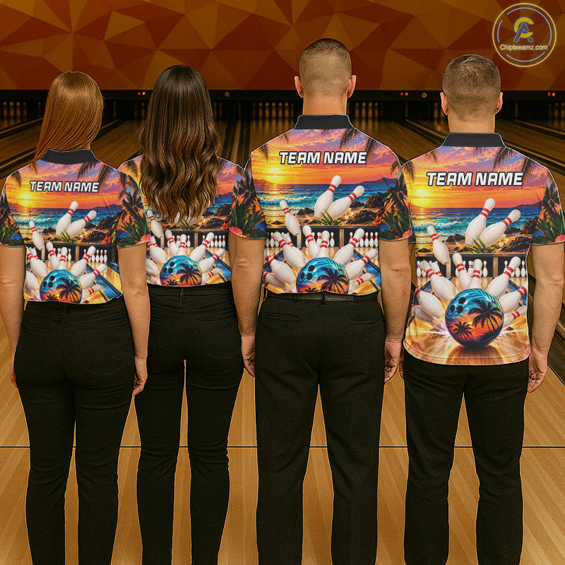 Sunset Beach Bowling Polo Quarter Zip Shirts Custom Bowling Team Jerseys