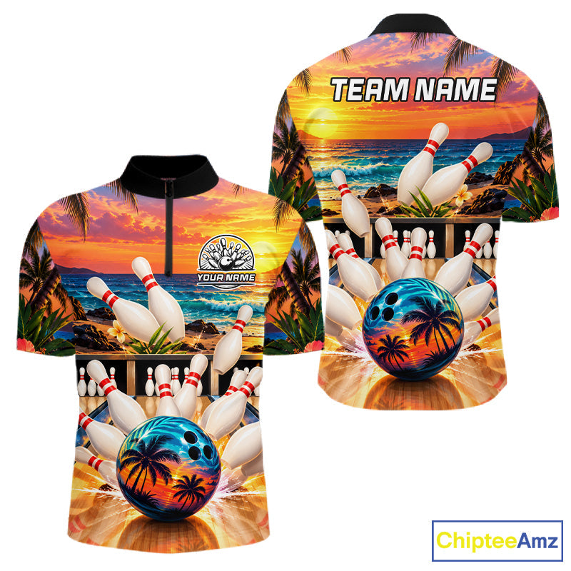 Sunset Beach Bowling Polo Quarter Zip Shirts Custom Bowling Team Jerseys