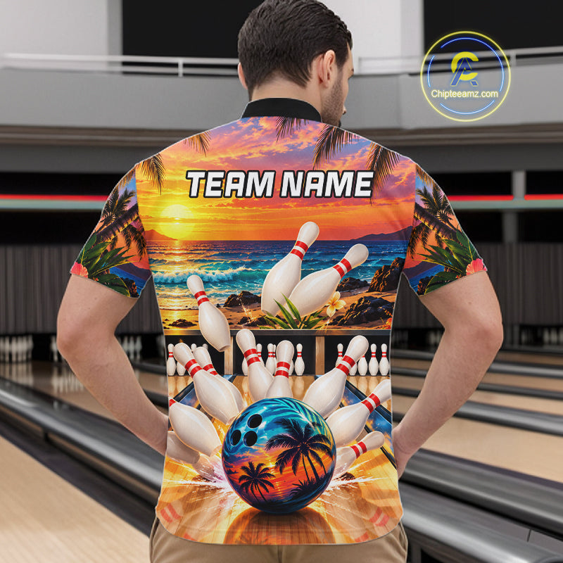 Sunset Beach Bowling Polo Quarter Zip Shirts Custom Bowling Team Jerseys