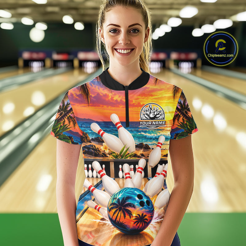 Sunset Beach Bowling Polo Quarter Zip Shirts Custom Bowling Team Jerseys