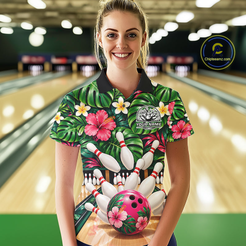Monstera Floral Flower Bowling Polo Quarter Zip Shirts Custom Bowling Team Jerseys