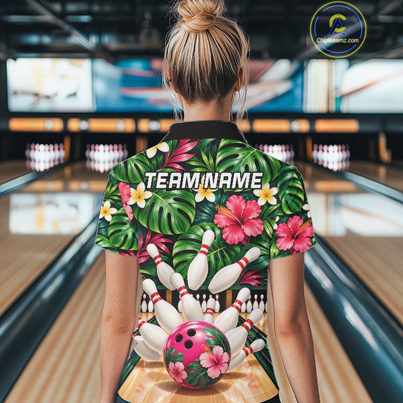 Monstera Floral Flower Bowling Polo Quarter Zip Shirts Custom Bowling Team Jerseys