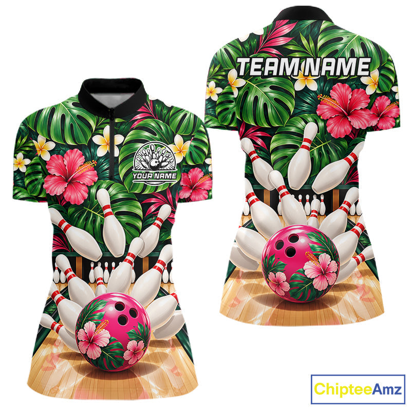 Monstera Floral Flower Bowling Polo Quarter Zip Shirts Custom Bowling Team Jerseys