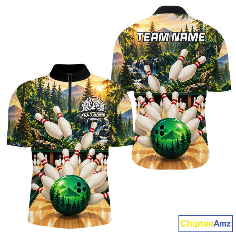 Forest Green Bowling Polo Quarter Zip Shirts Custom Bowling Team Jerseys